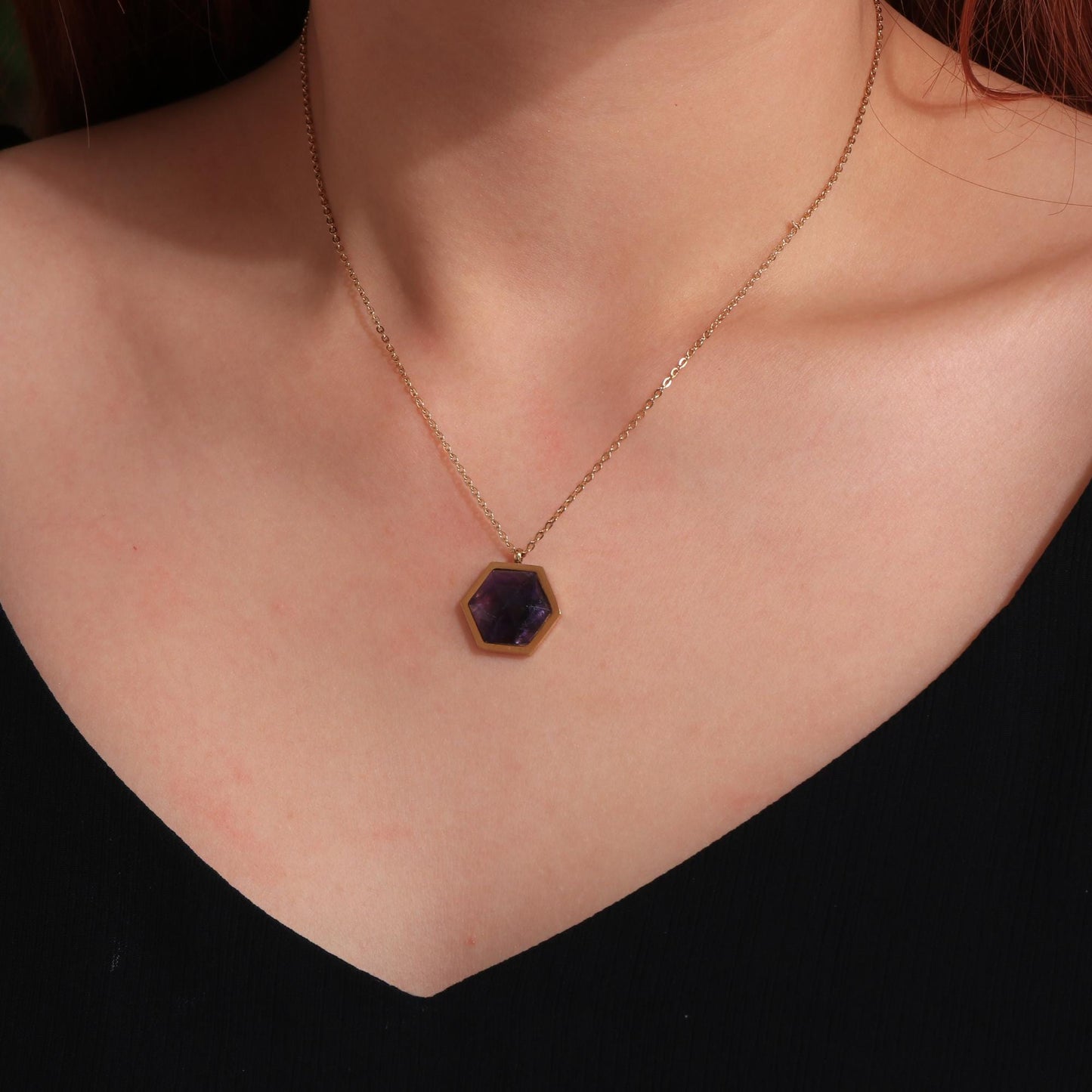 Amethyst Crystal Necklace: 18k Gold Plated Hexagon Pendant