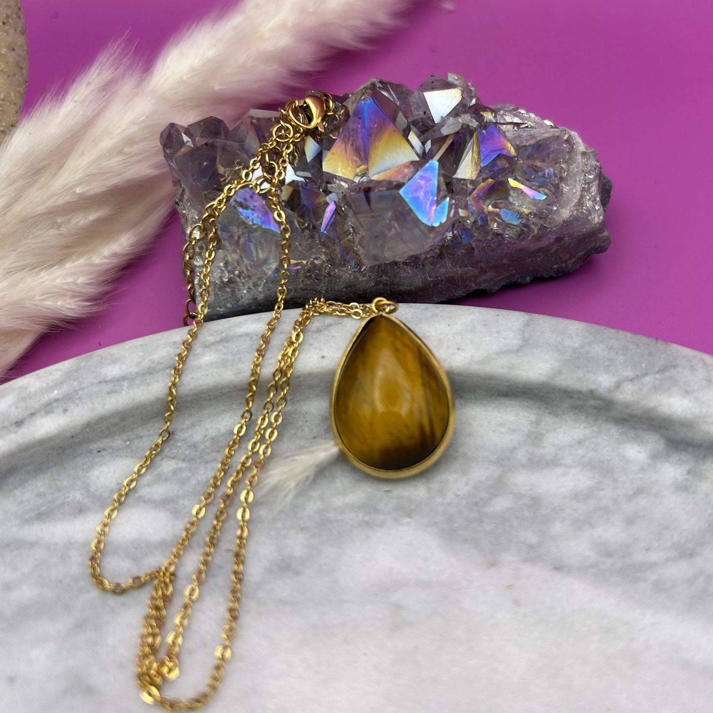 Tiger's Eye Teardrop Necklace: 18k Gold Plated Healing Crystal
