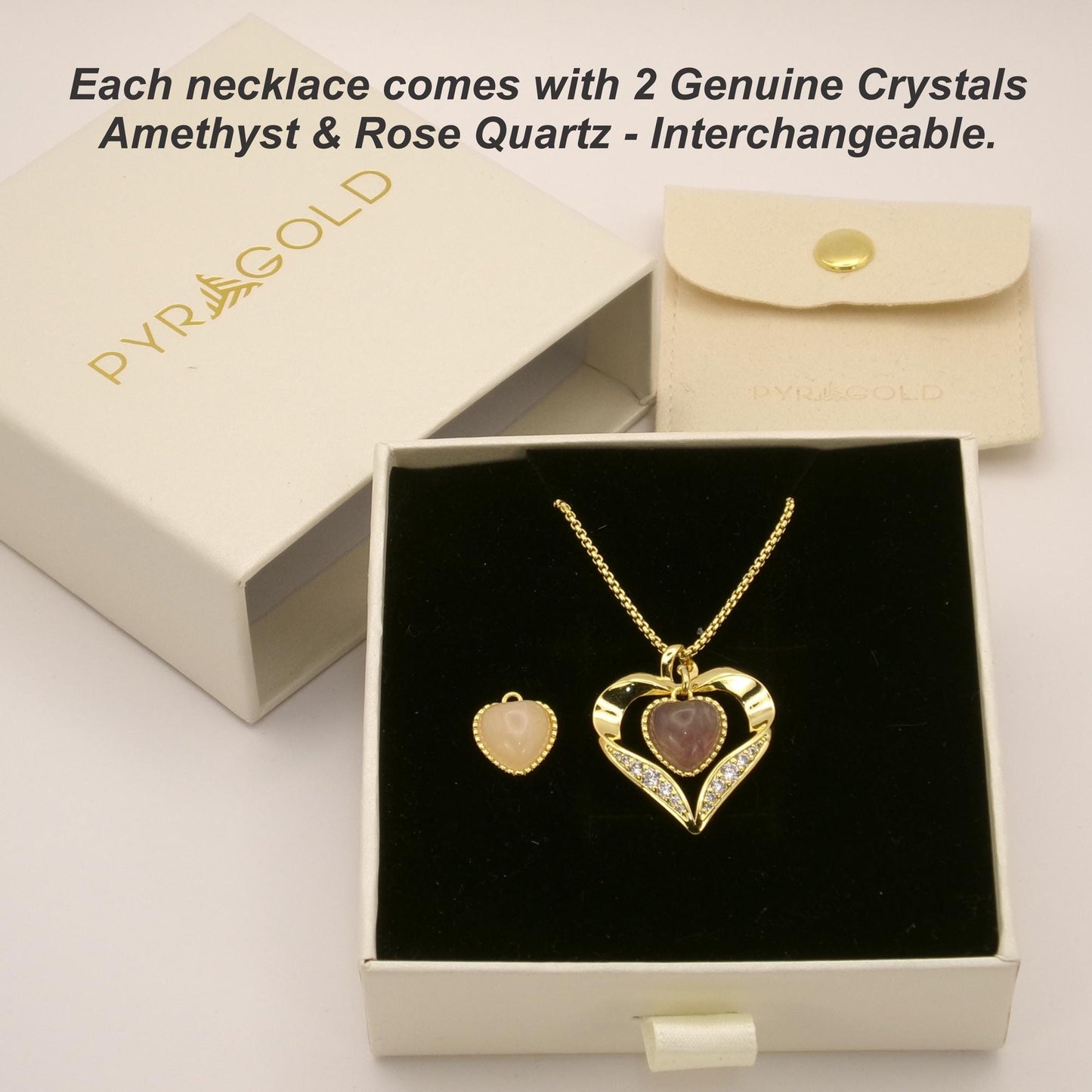 Gold Heart Amethyst Necklace: Interchangeable Crystal Pendant