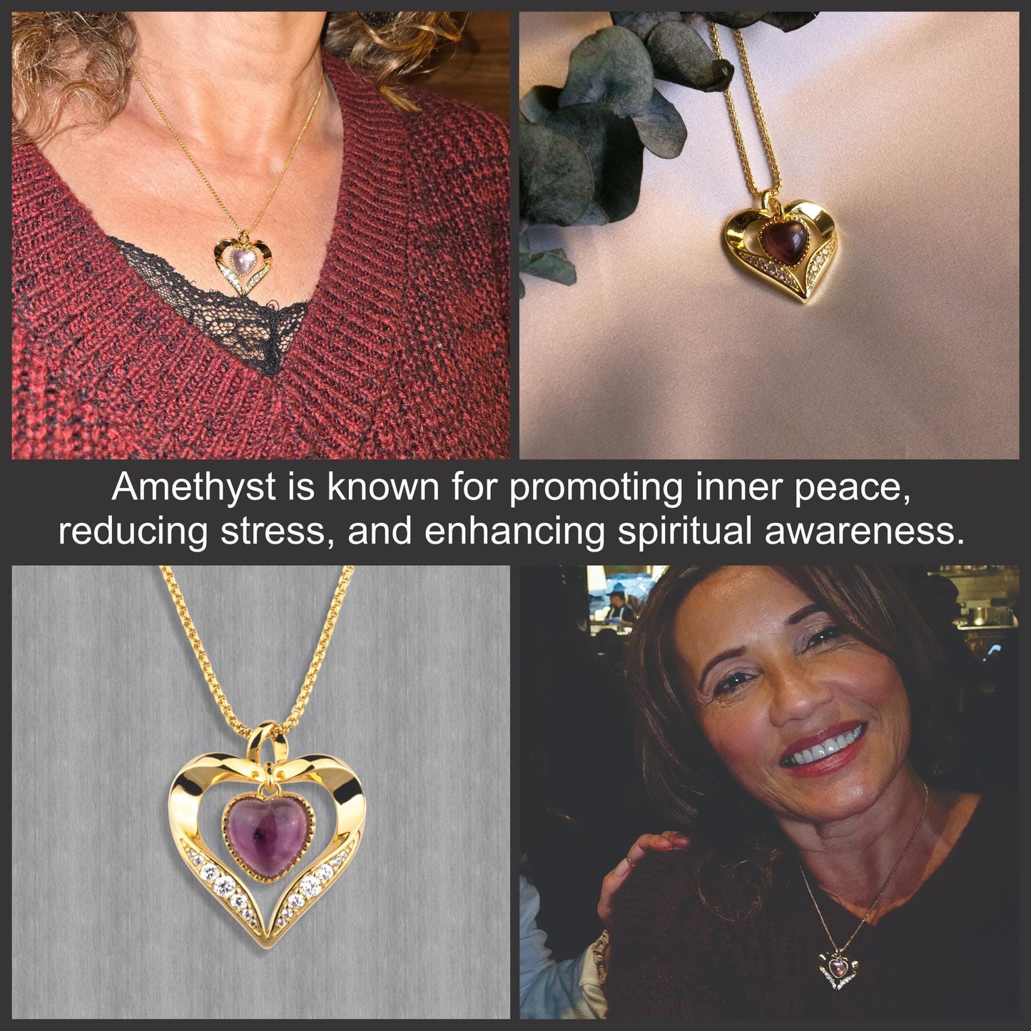 Gold Heart Amethyst Necklace: Interchangeable Crystal Pendant