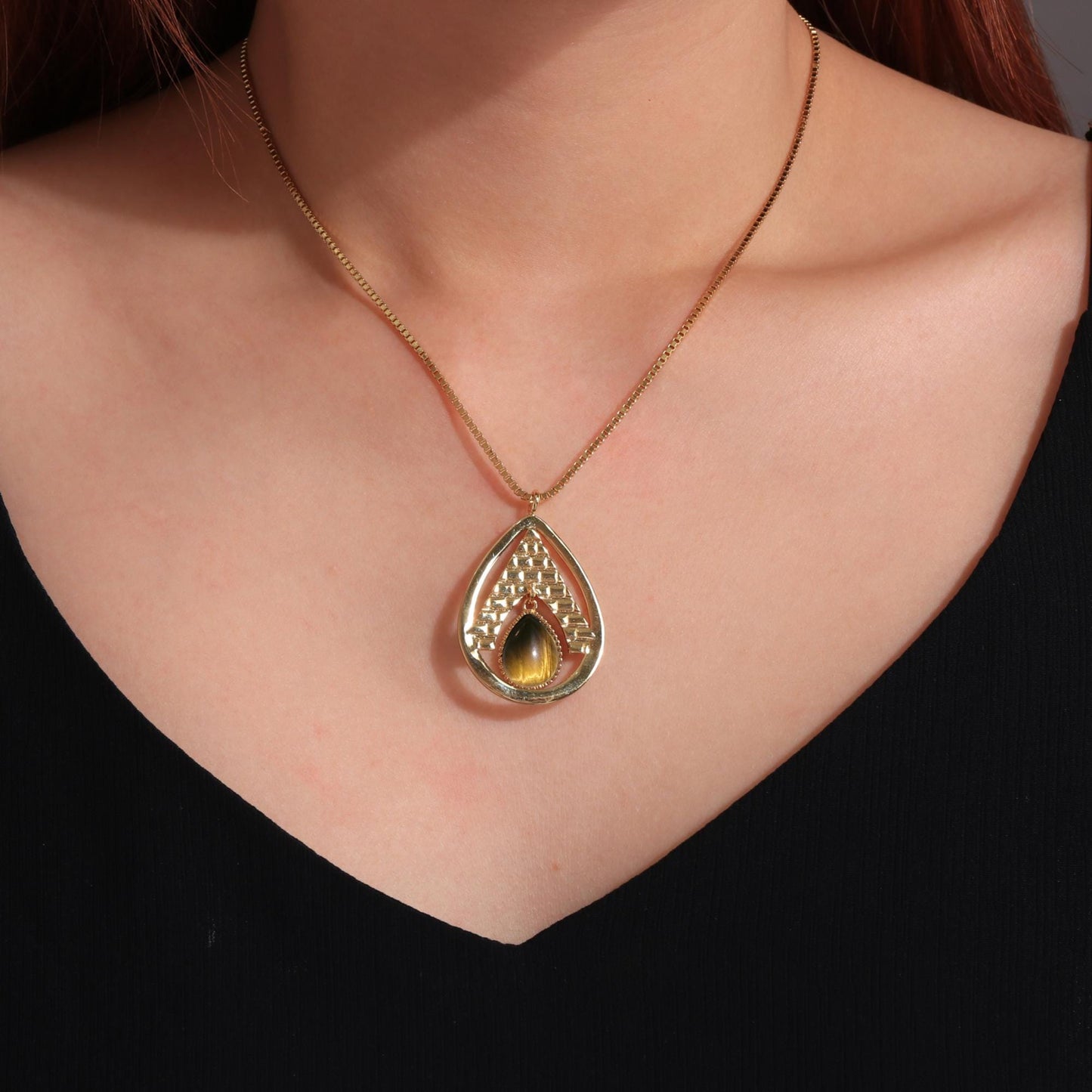 Gold Pyramid Amethyst Pendant Necklace: Egyptian Style Jewelry
