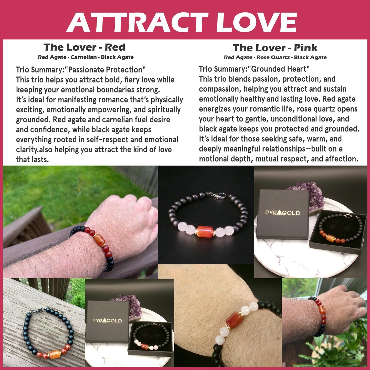 Handcrafted Crystal Bracelet – Red Agate, Black Agate with Carnelian or Rose Quartz for Love & Protection