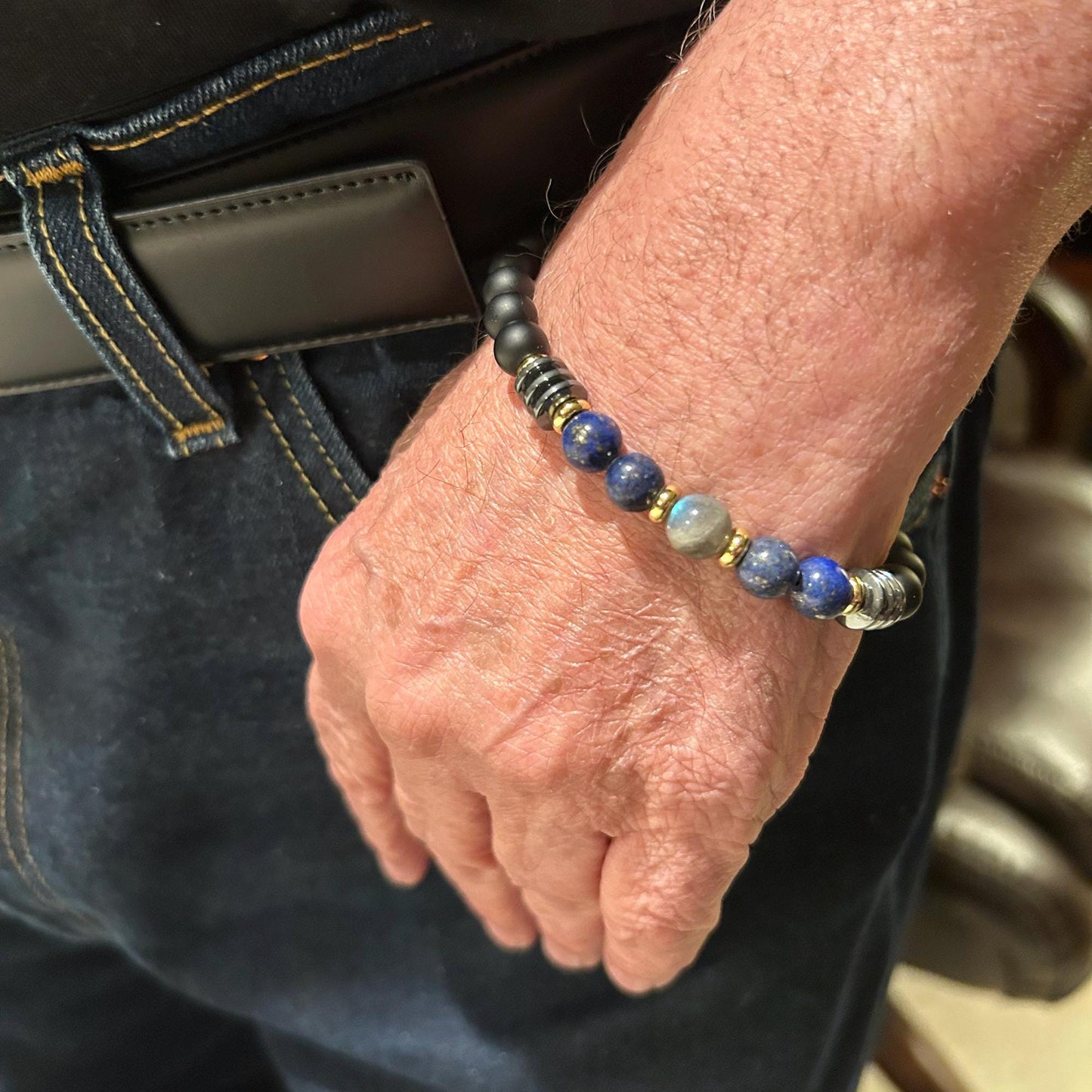 Triple Protection Bracelet, Men's beaded bracelet, Healing Crystal, Flash Labradorite, Black Agate, Lapis , Hematite, gift for him, unisex