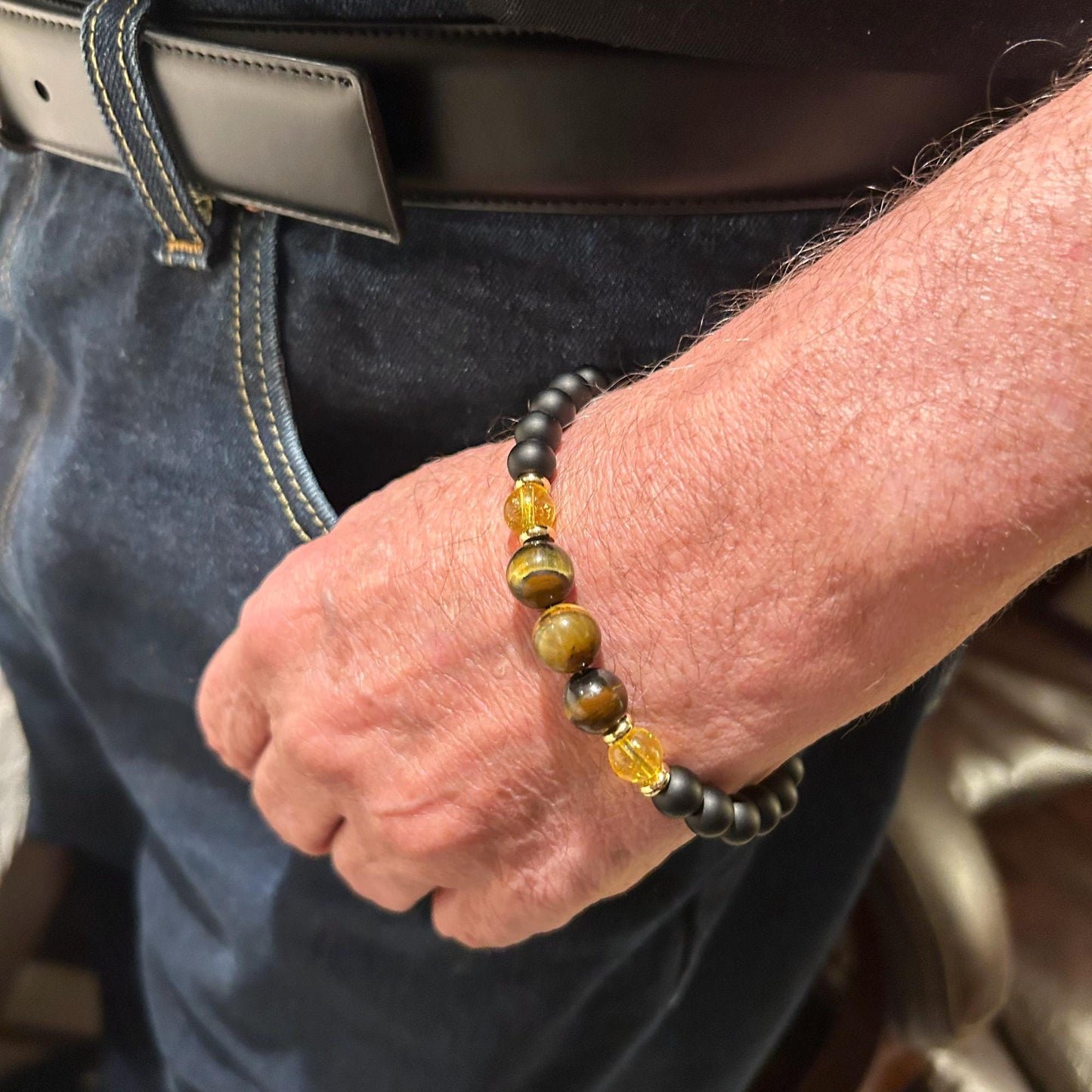 Men's Tiger's Eye & Citrine Bracelet: Black Agate, Manifestation Jewelry