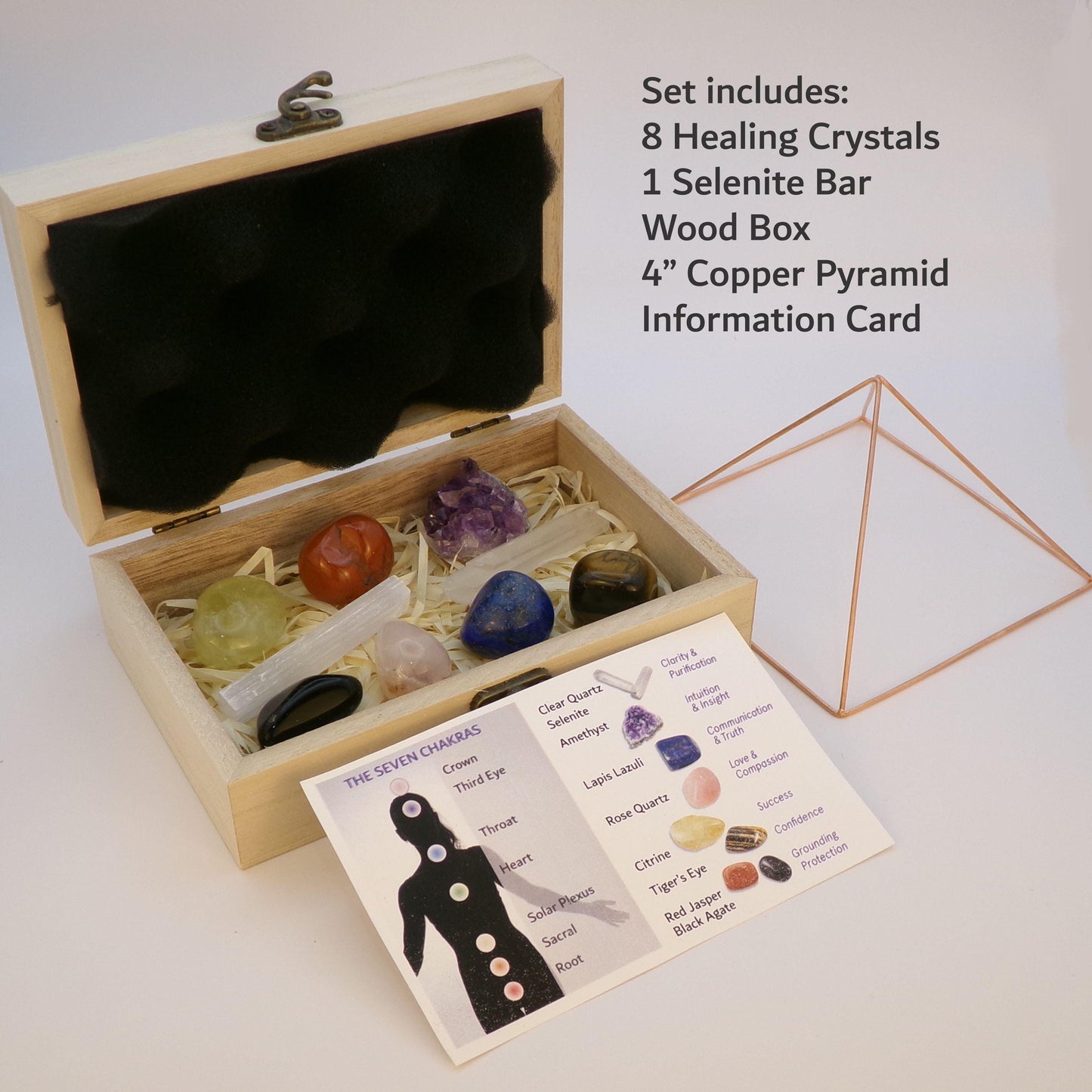 Premium Chakra Crystal Healing Set – Copper Pyramid & Crystals in Wooden Box