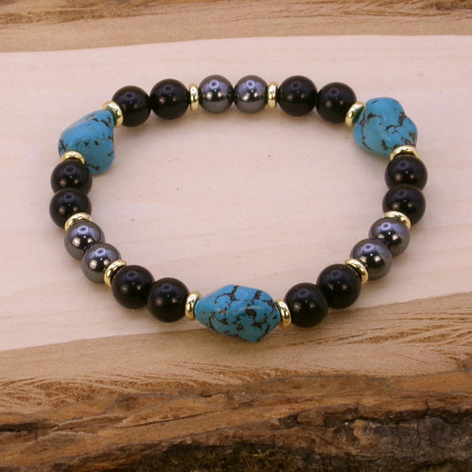 Turquoise, Hematite & Black Agate Bracelet – Unisex Healing Crystal Jewelry for Grounding & Protection