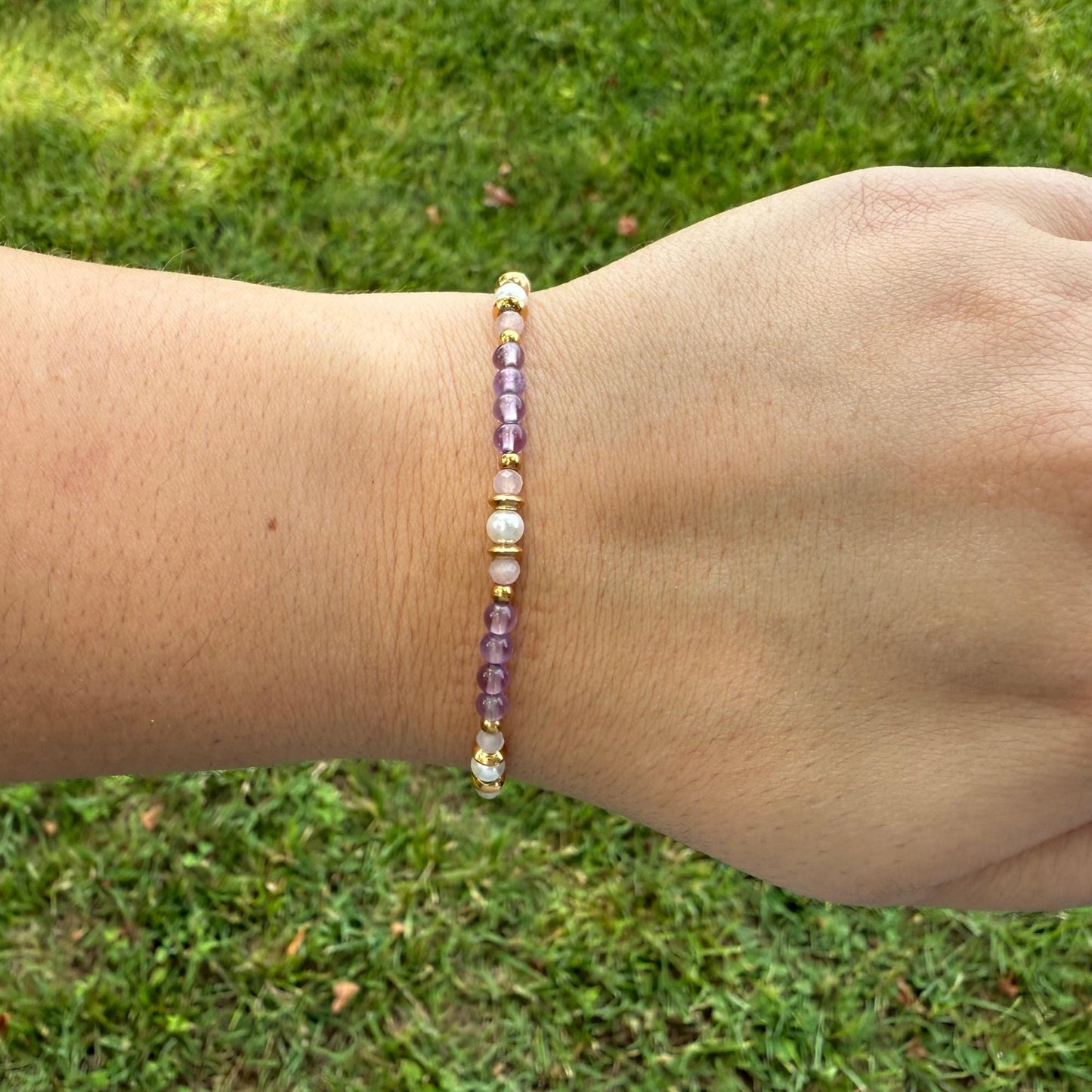 Love Crystal Bracelet – Rose Quartz, Amethyst & Clear Quartz Dainty Minimalist Jewelry Gift