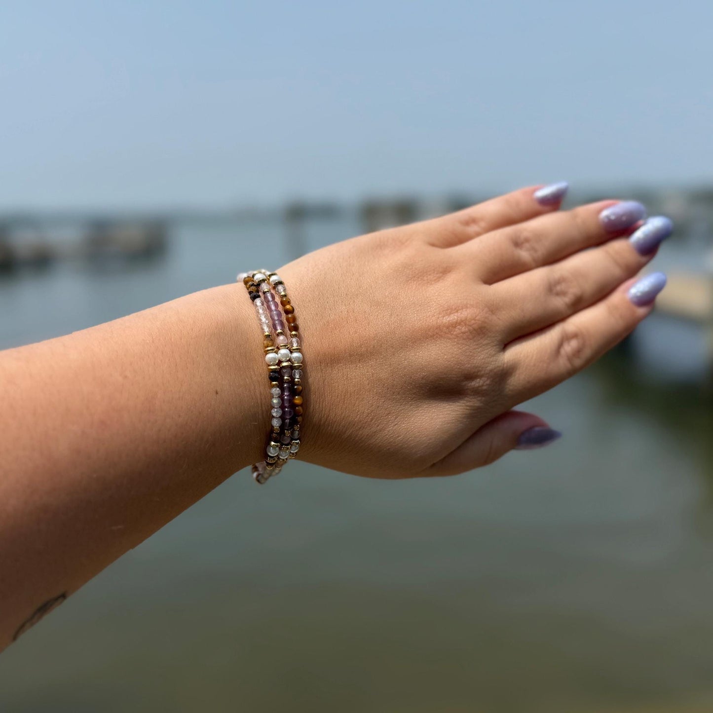 Love Crystal Bracelet – Rose Quartz, Amethyst & Clear Quartz Dainty Minimalist Jewelry Gift