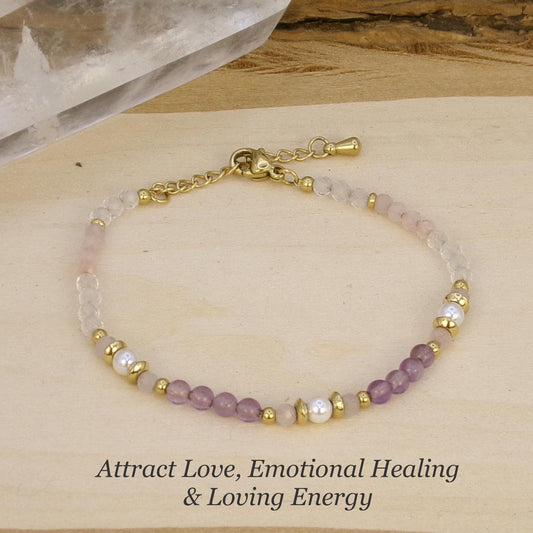 Love Crystal Bracelet – Rose Quartz, Amethyst & Clear Quartz Dainty Minimalist Jewelry Gift