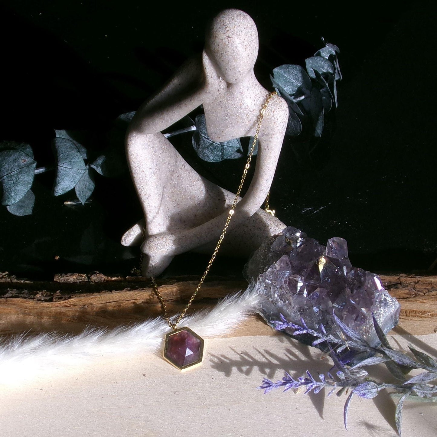 Amethyst Crystal Necklace: 18k Gold Plated Hexagon Pendant