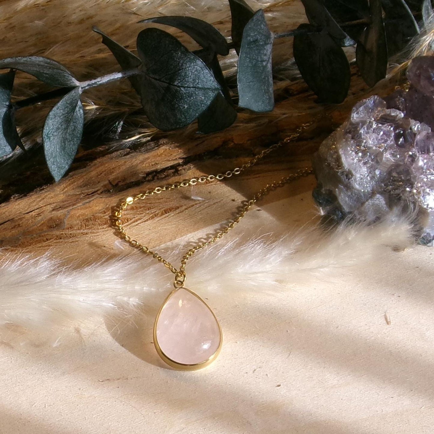 Rose Quartz Teardrop Necklace – 18k Gold Plated Healing Crystal Jewelry