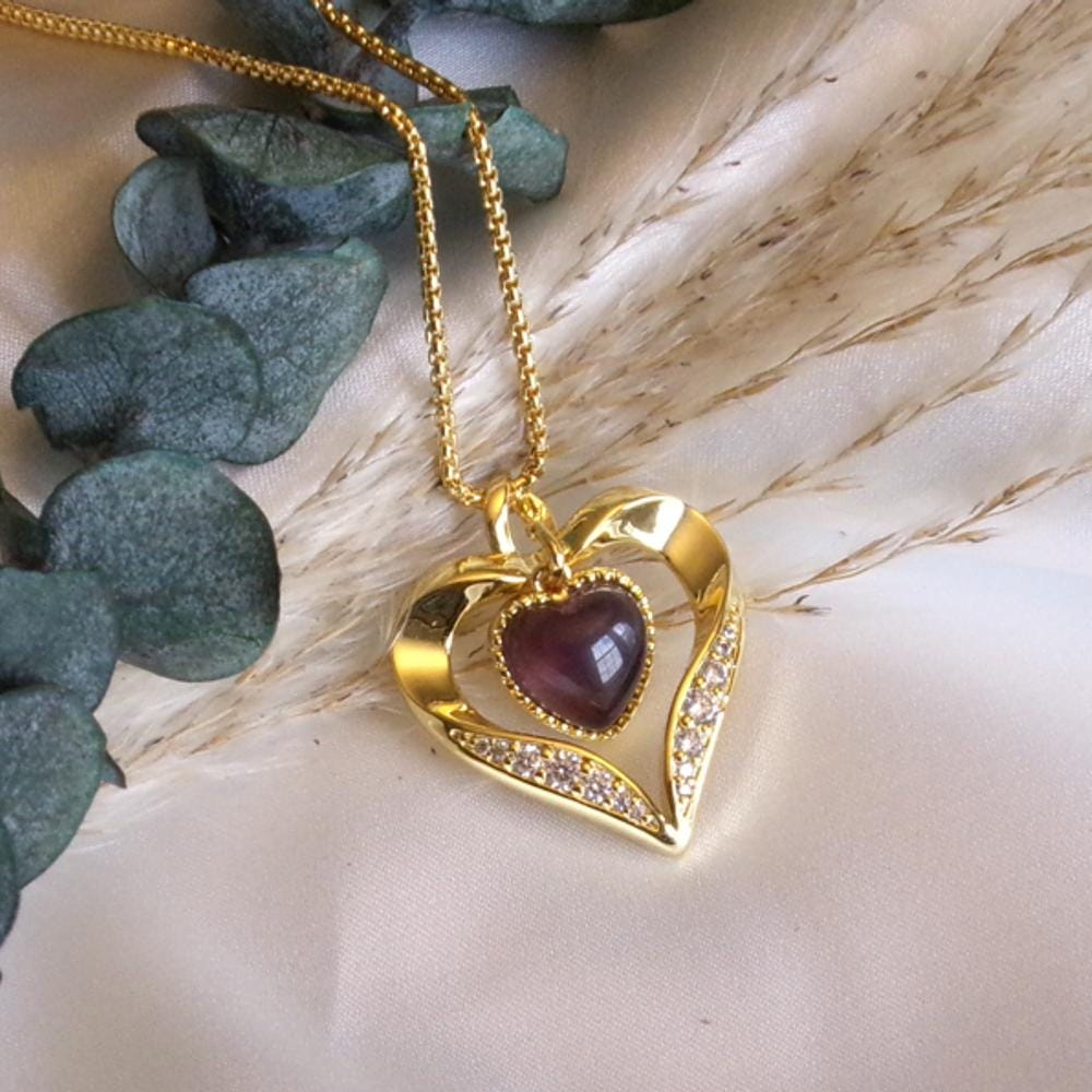 Gold Heart Amethyst Necklace: Interchangeable Crystal Pendant