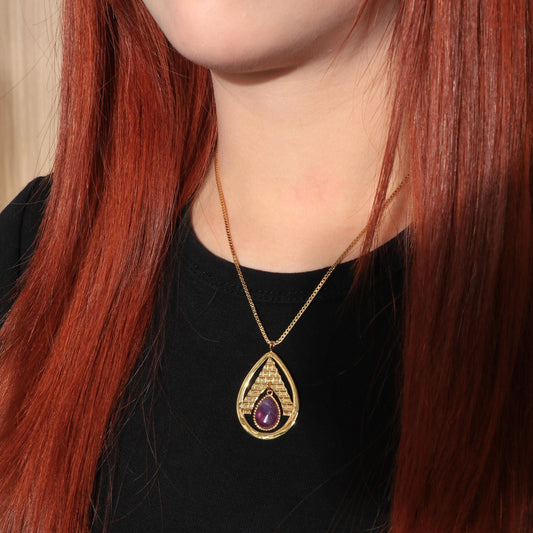 Gold Pyramid Amethyst Pendant Necklace: Egyptian Style Jewelry