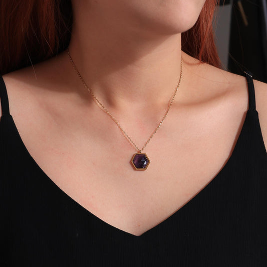 Amethyst Crystal Necklace: 18k Gold Plated Hexagon Pendant
