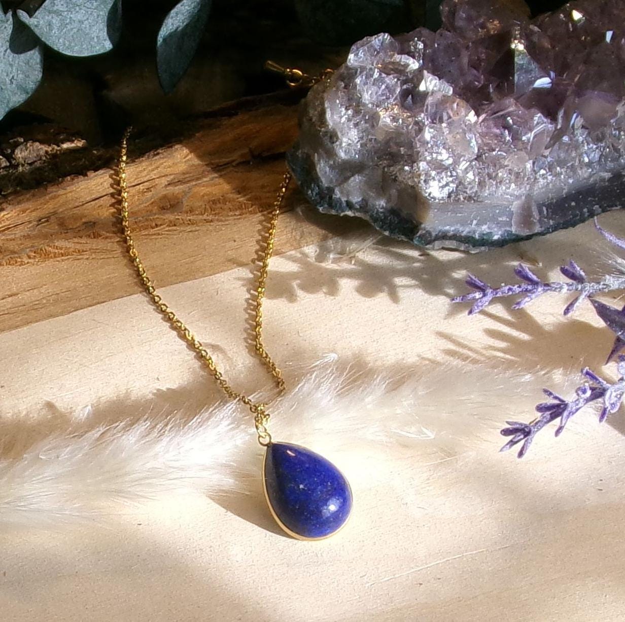 Lapis Lazuli Necklace: 18k Gold Plated Teardrop Gemstone Pendant