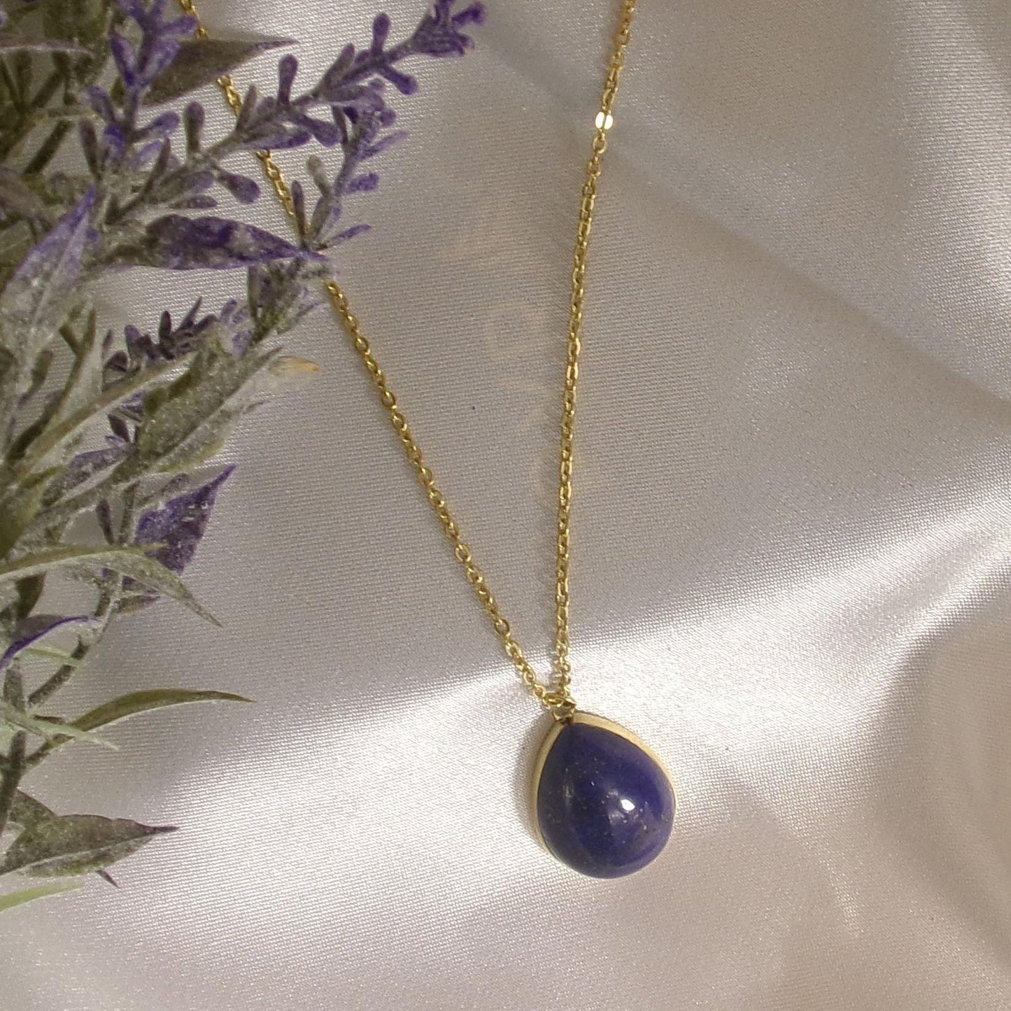 Lapis Lazuli Necklace: 18k Gold Plated Teardrop Gemstone Pendant