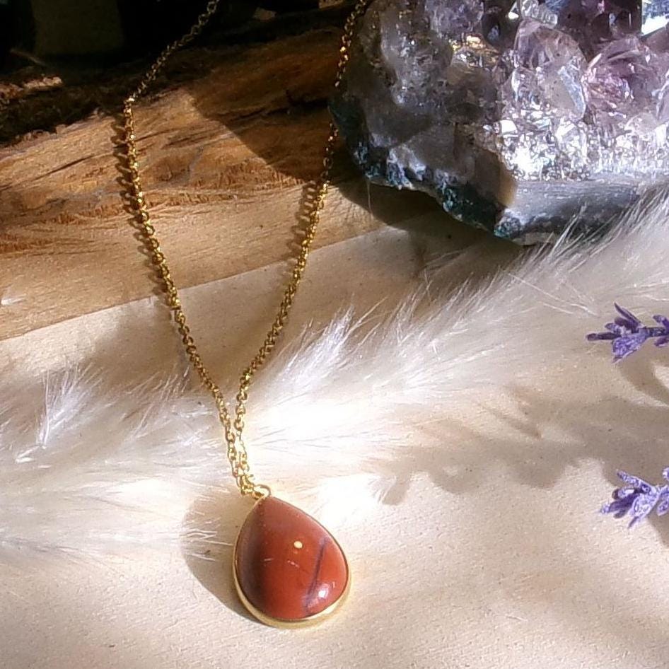 Red Jasper Teardrop Necklace: 18k Gold Plated Healing Crystal