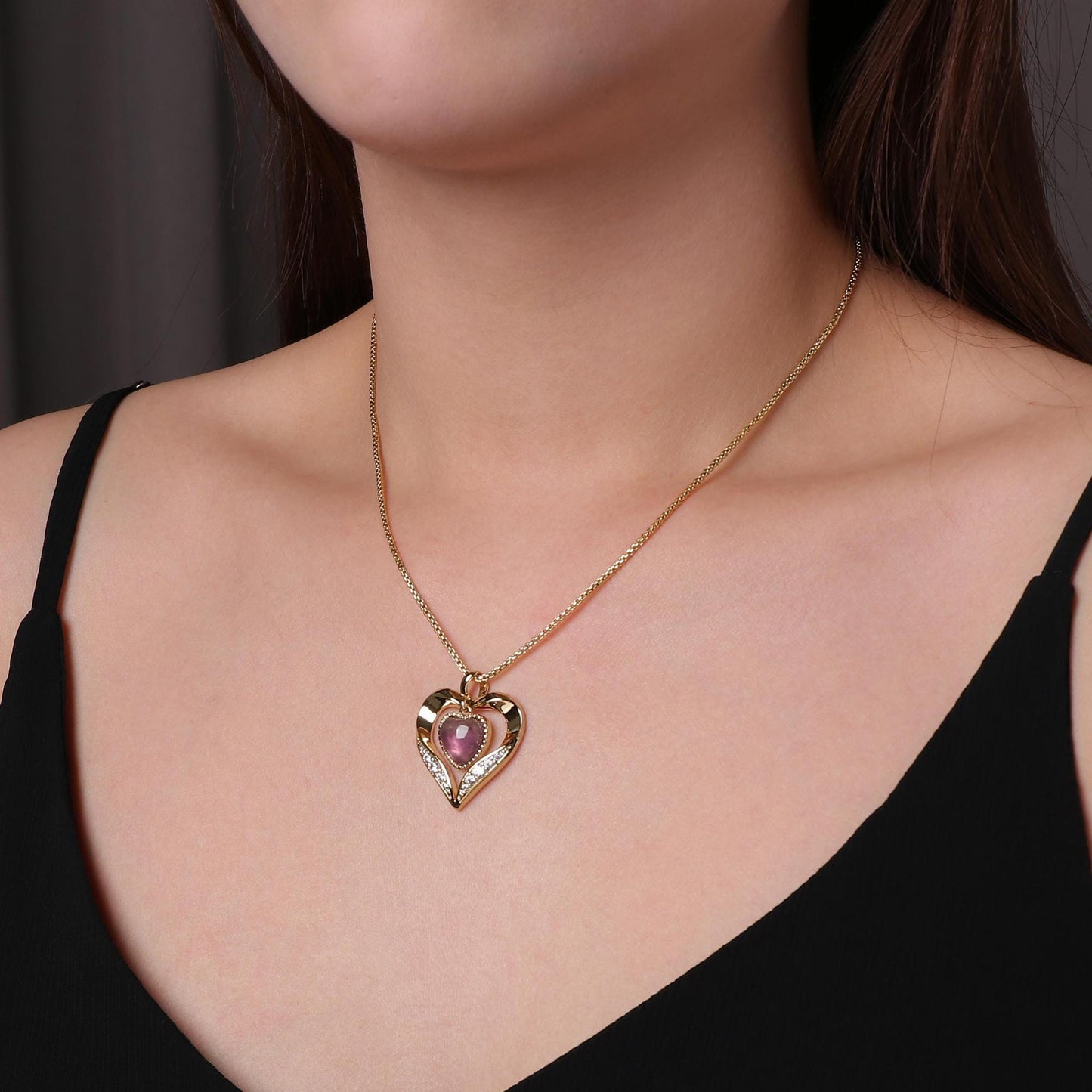 Gold Heart Amethyst Necklace: Interchangeable Crystal Pendant