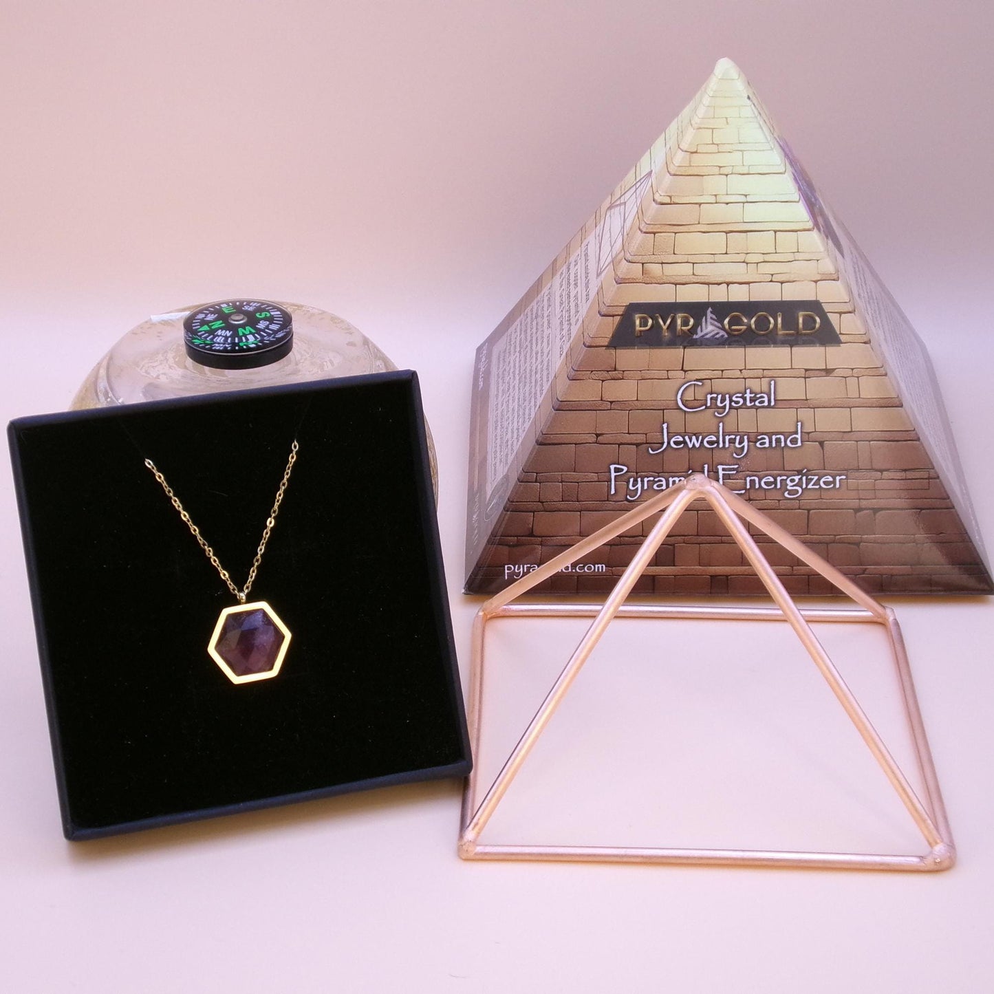 Copper Pyramid Healing Crystal Necklace – Rose Quartz Giza Pyramid Jewelry Gift for Her
