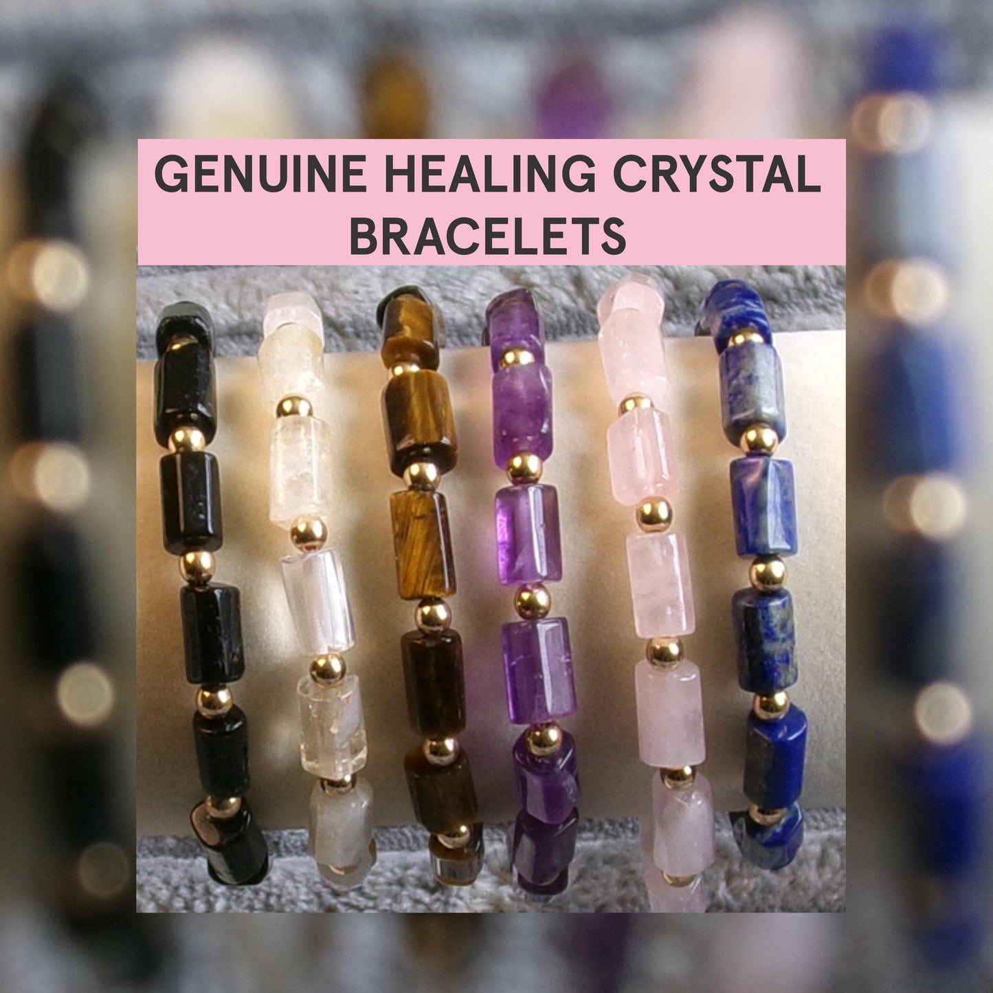 Healing Crystal Bracelet: Amethyst, Rose Quartz, Lapis Lazuli, Tiger's Eye