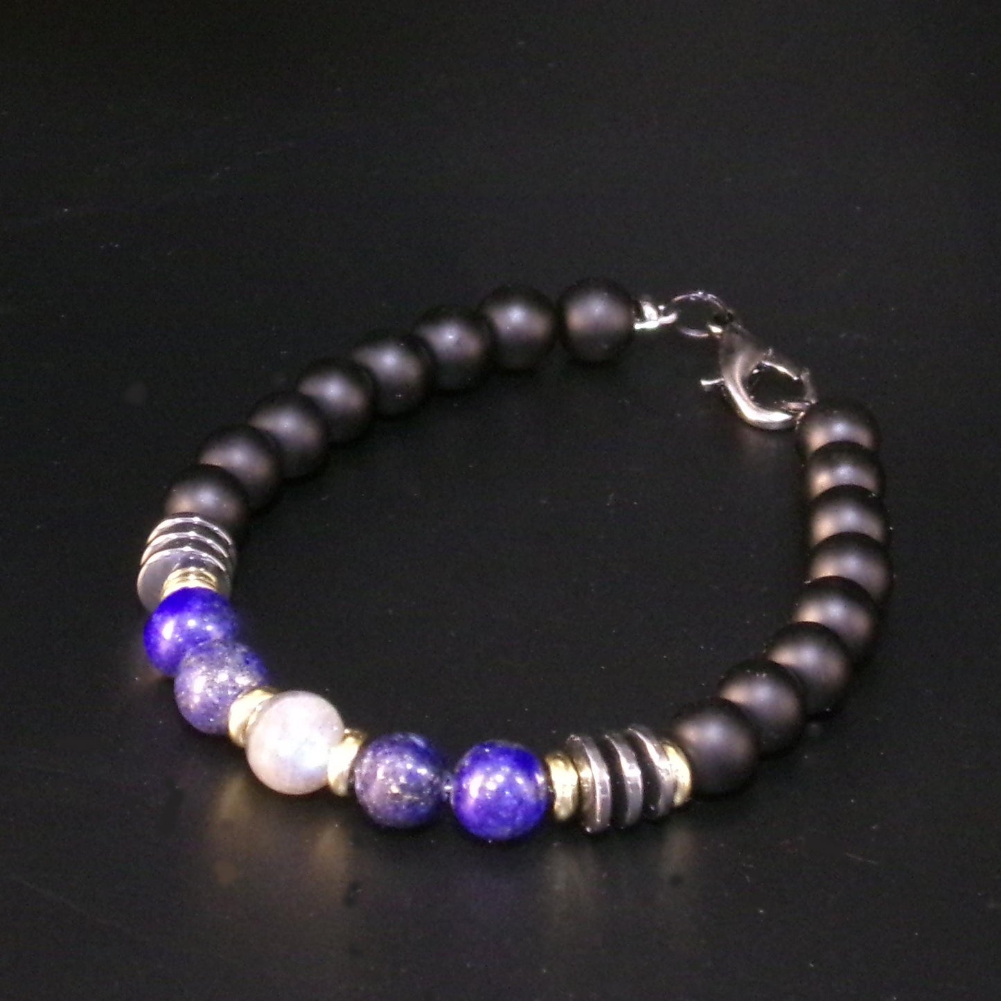 Triple Protection Bracelet, Men's beaded bracelet, Healing Crystal, Flash Labradorite, Black Agate, Lapis , Hematite, gift for him, unisex