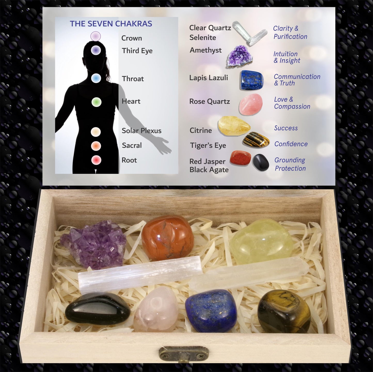 Premium Chakra Crystal Healing Set – Copper Pyramid & Crystals in Wooden Box