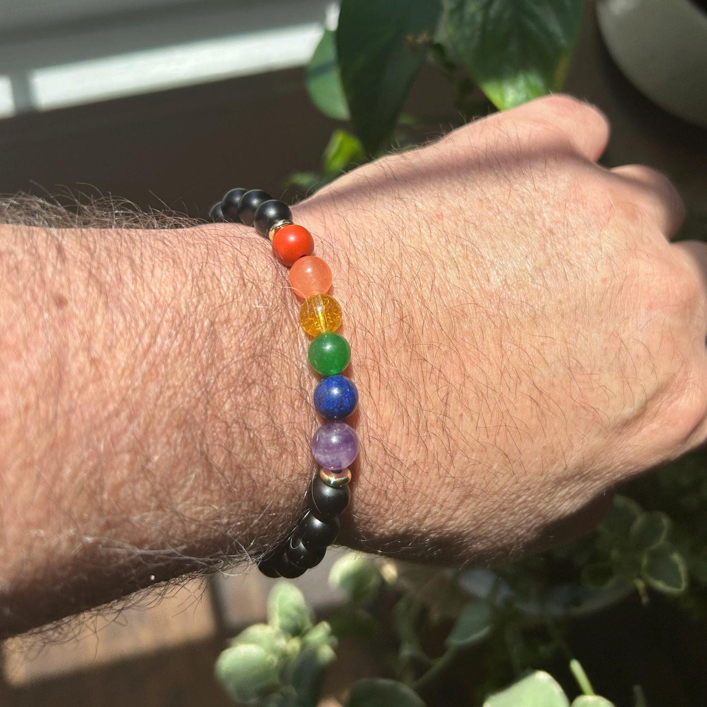 Pride Bracelet – Rainbow Crystal & Black Agate Healing Jewelry, Unisex Handmade Gift