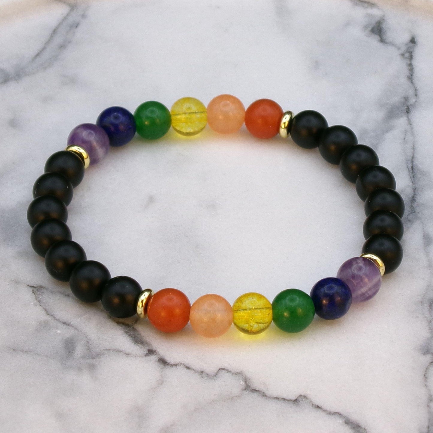 Pride Bracelet – Rainbow Crystal & Black Agate Healing Jewelry, Unisex Handmade Gift