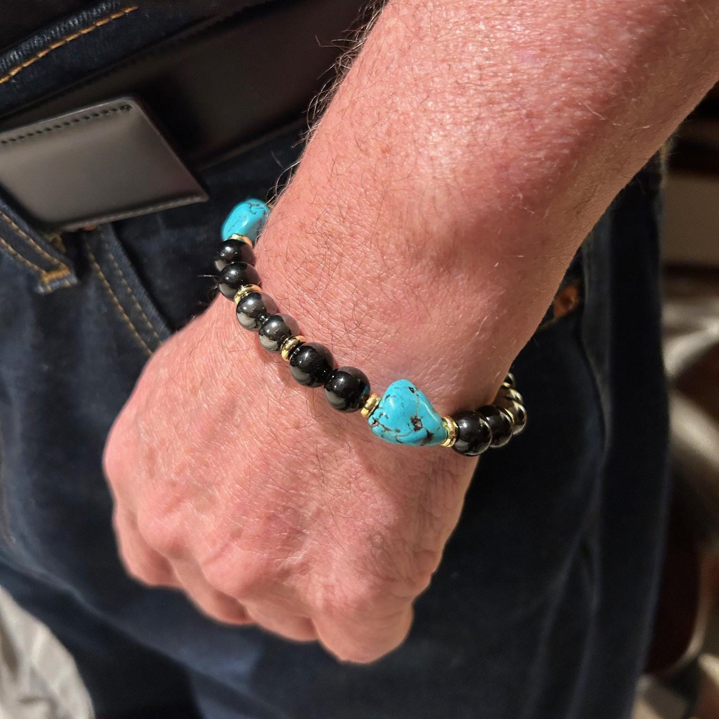 Turquoise, Hematite & Black Agate Bracelet – Unisex Healing Crystal Jewelry for Grounding & Protection