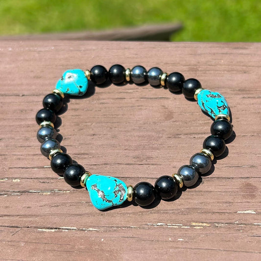 Turquoise, Hematite & Black Agate Bracelet – Unisex Healing Crystal Jewelry for Grounding & Protection