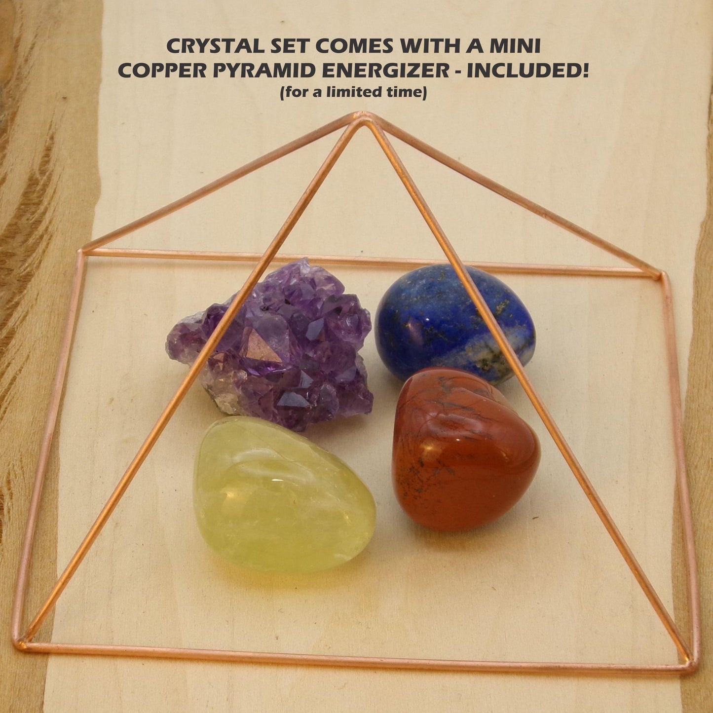 Premium Chakra Crystal Healing Set – Copper Pyramid & Crystals in Wooden Box