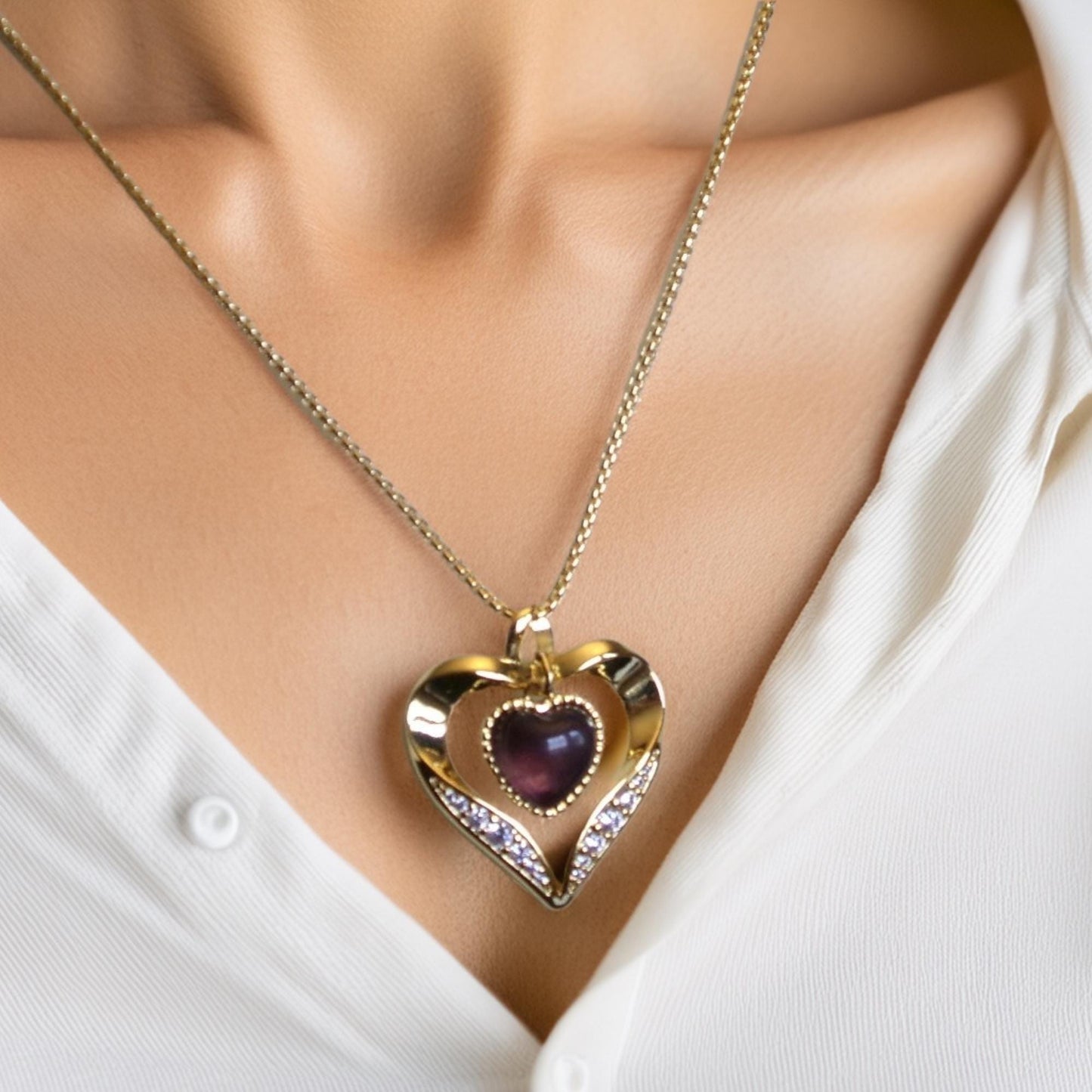 Gold Heart Amethyst Necklace: Interchangeable Crystal Pendant