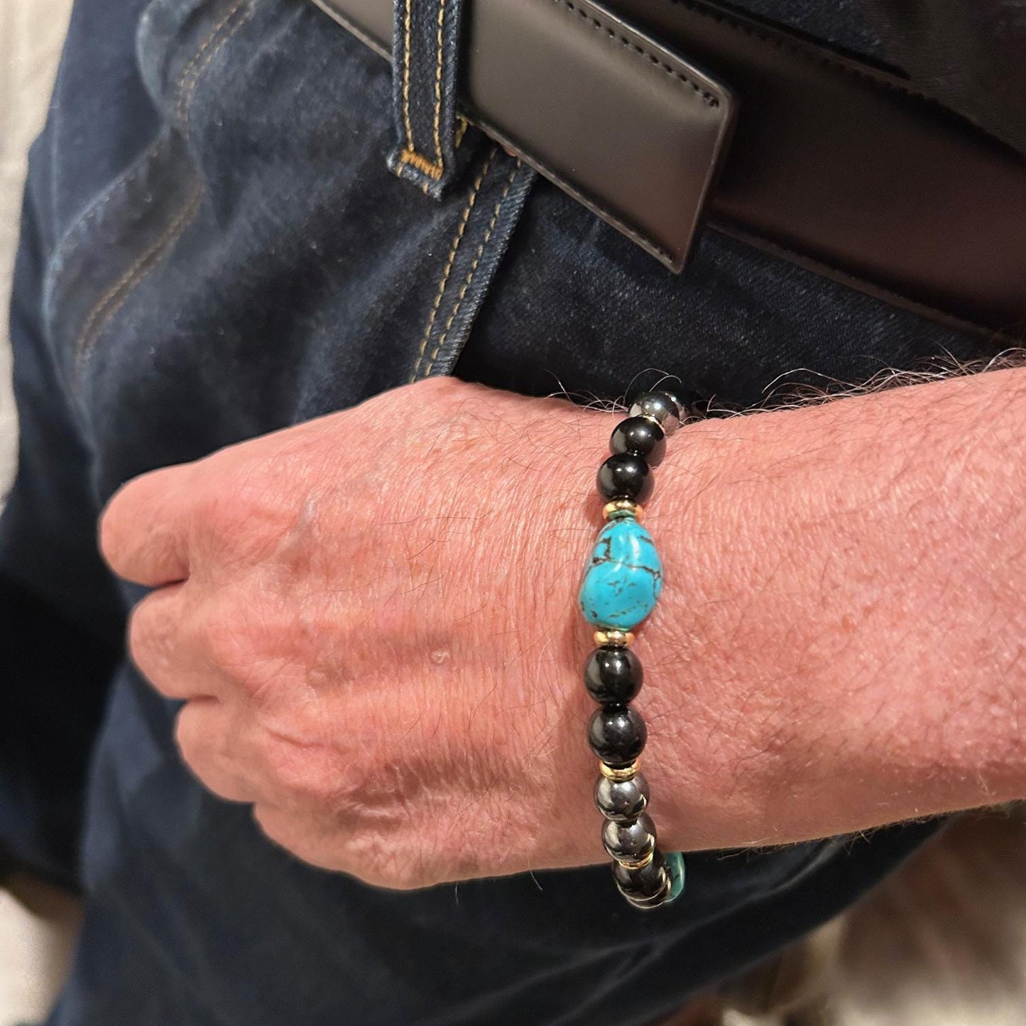 Turquoise, Hematite & Black Agate Bracelet – Unisex Healing Crystal Jewelry for Grounding & Protection