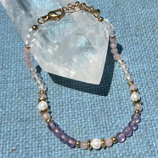 Love Crystal Bracelet – Rose Quartz, Amethyst & Clear Quartz Dainty Minimalist Jewelry Gift