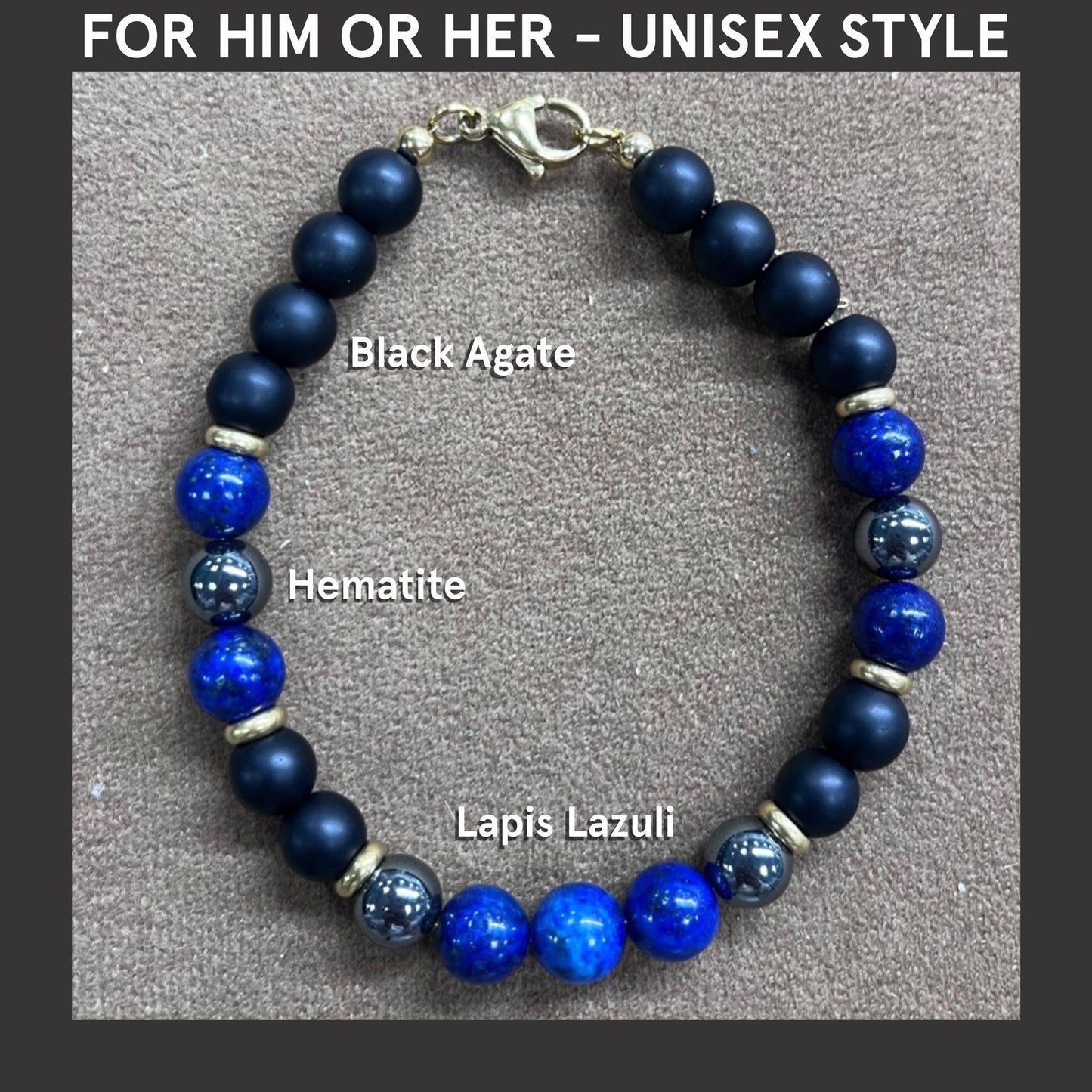 Protection Crystal Bracelet: Black Agate, Lapis, Hematite, healing crystals, unisex