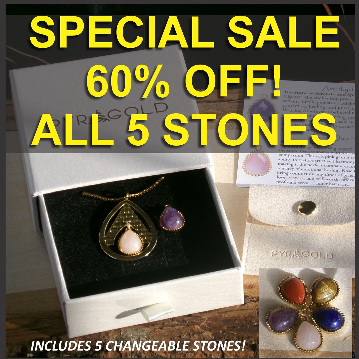 Crystal Pyramid Pendant Necklace – Amethyst, Rose Quartz & Red Jasper Healing Crystal Jewelry Gift for Her