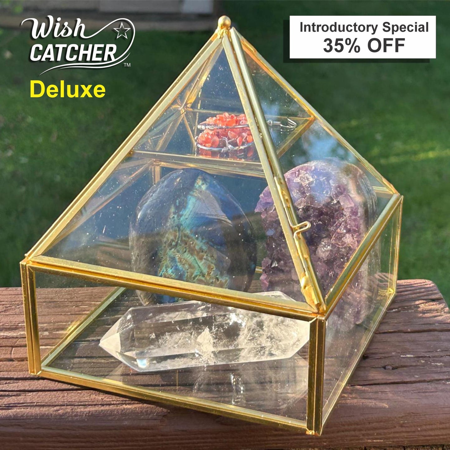 Brass & Glass Pyramid Energizer – Crystal & Jewelry Charging Pyramid for Manifestation