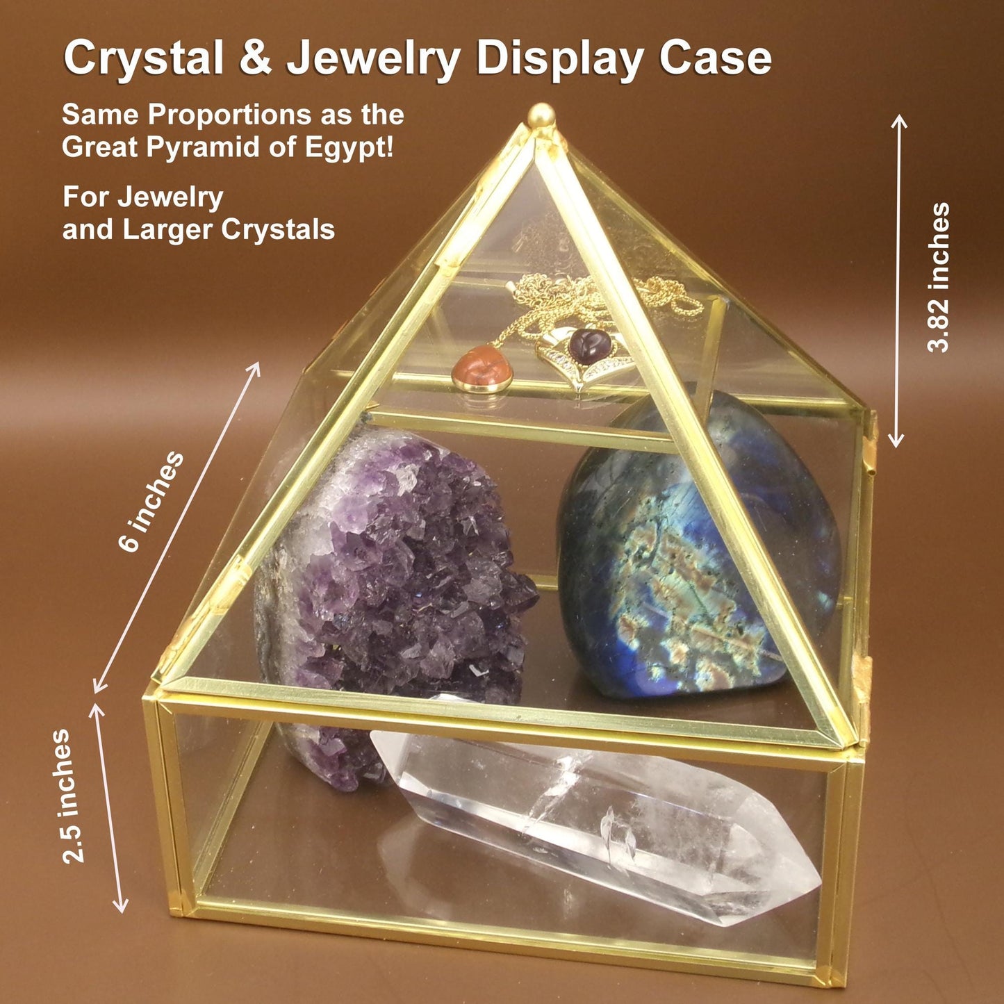 Brass & Glass Pyramid Crystal Display Case – Deluxe Jewelry & Crystal Box