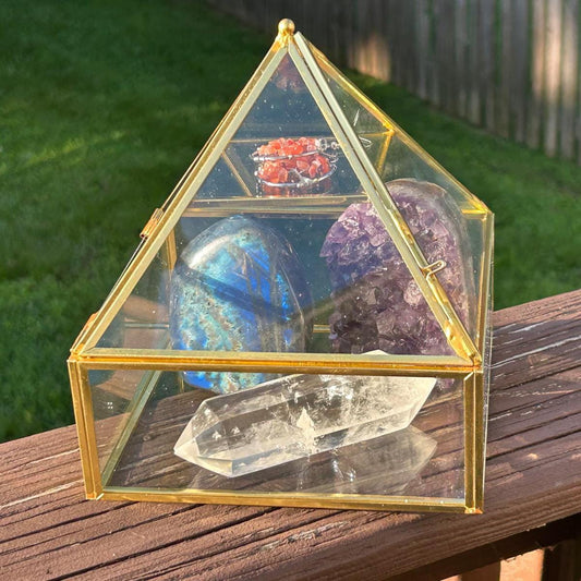 Brass & Glass Pyramid Energizer – Crystal & Jewelry Charging Pyramid for Manifestation