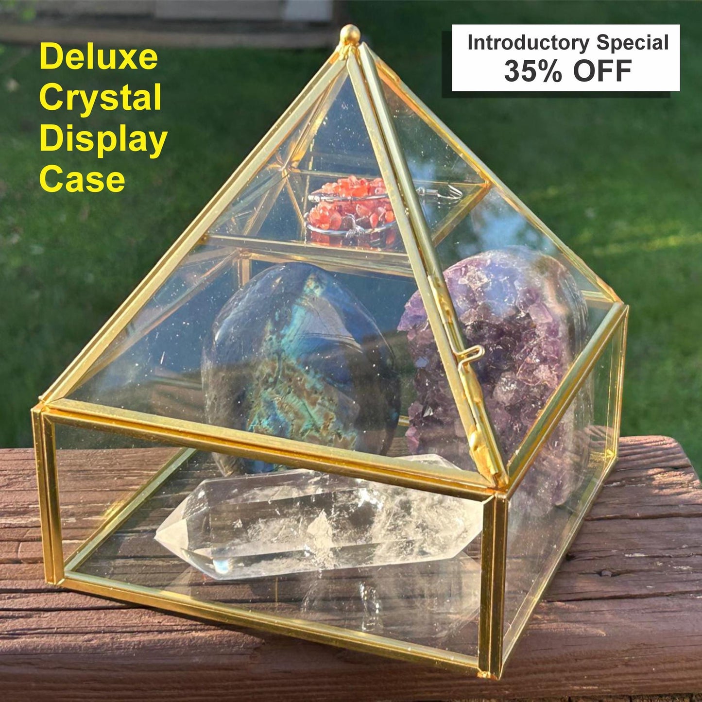 Brass & Glass Pyramid Crystal Display Case – Deluxe Jewelry & Crystal Box